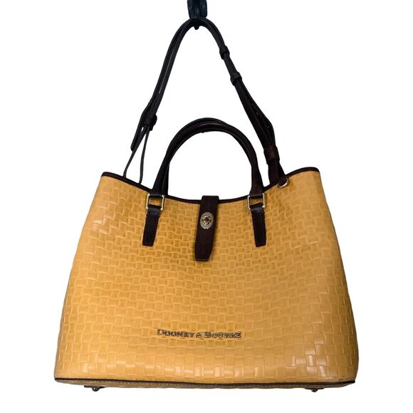 Dooney & Bourke Perry Satchel Embossed Woven Leather Mustard Handbag Brown Strap